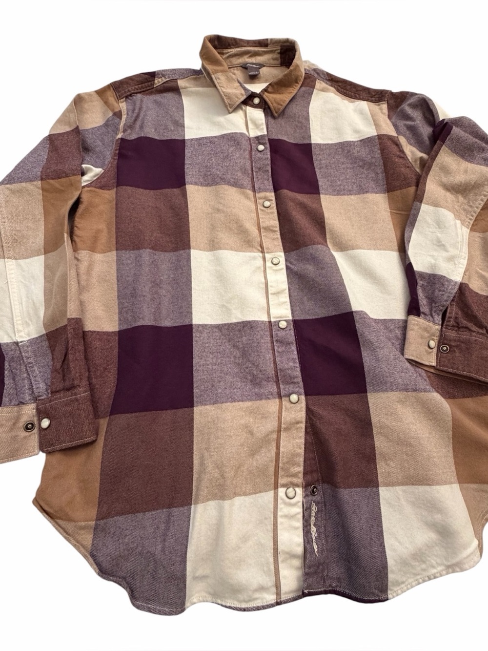Ladies Eddie Bauer Pearl button-down Brown tone plaid shirt-Size Large